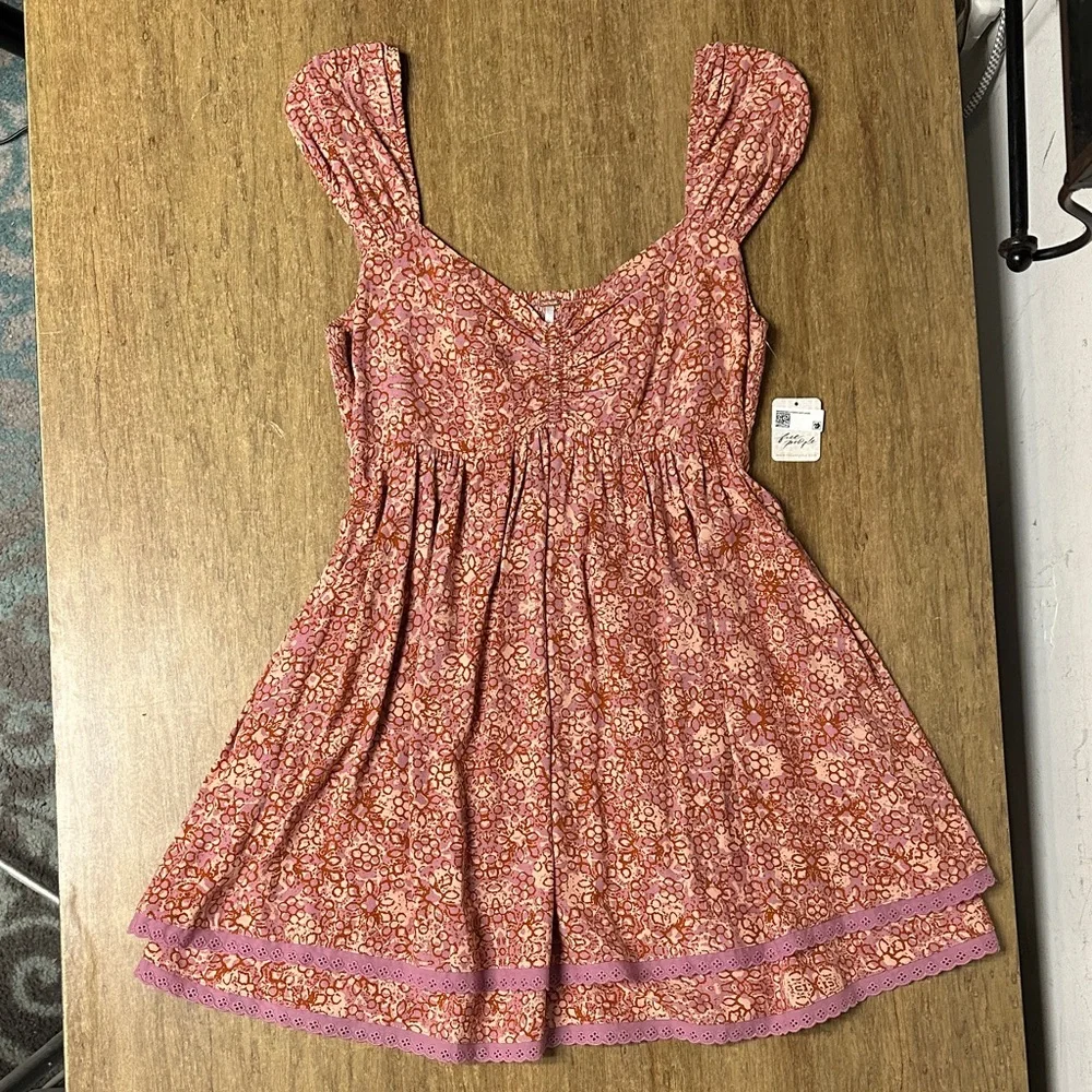 Free people nwt Tabitha babydoll purple pink rose petal combo print mini dress - Picture 3 of 11